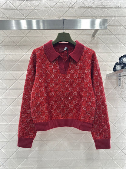 Rhinestone-stamped Collar Sweater