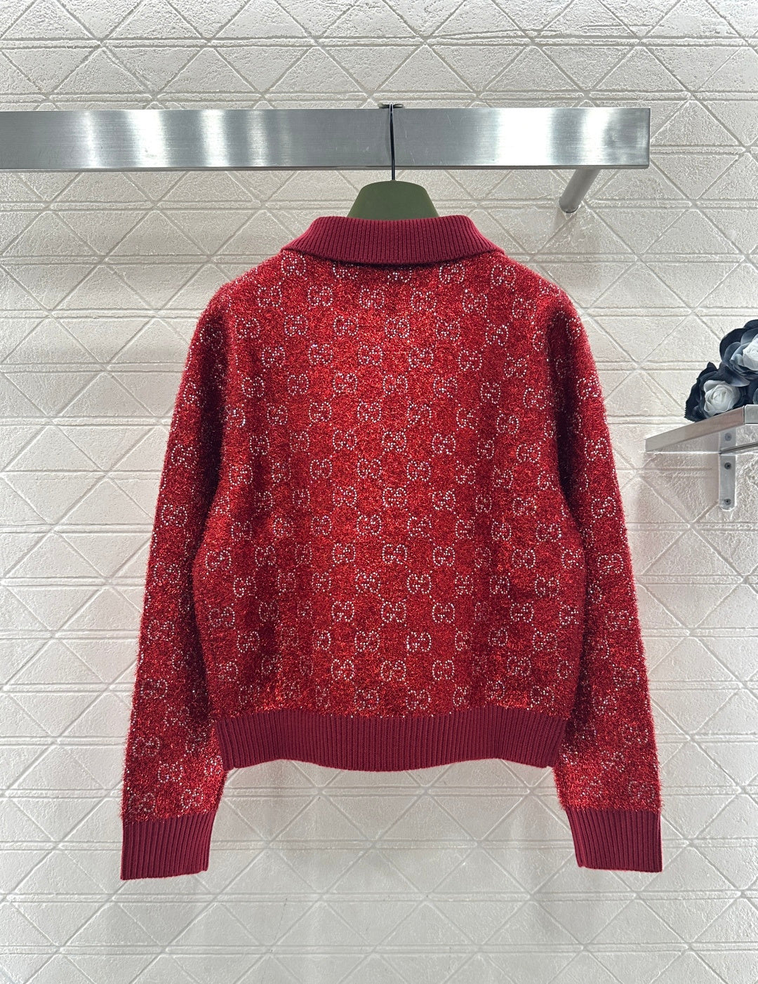 Rhinestone-stamped Collar Sweater