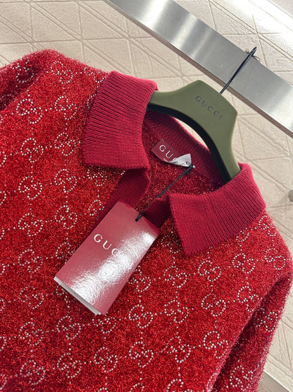 Rhinestone-stamped Collar Sweater