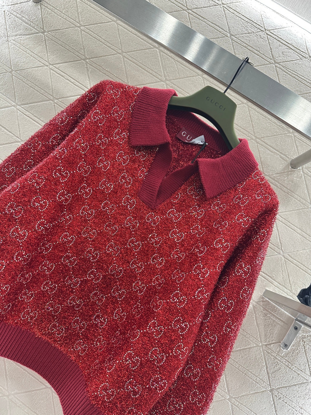 Rhinestone-stamped Collar Sweater