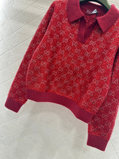 Rhinestone-stamped Collar Sweater