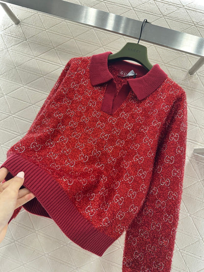 Rhinestone-stamped Collar Sweater