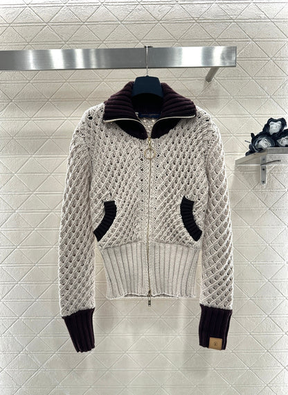 Openwork Collar Knit Zip-Up Cardigan