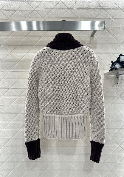 Openwork Collar Knit Zip-Up Cardigan