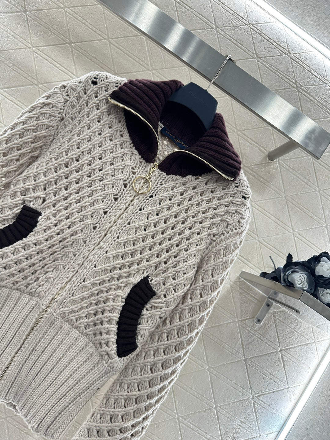 Openwork Collar Knit Zip-Up Cardigan