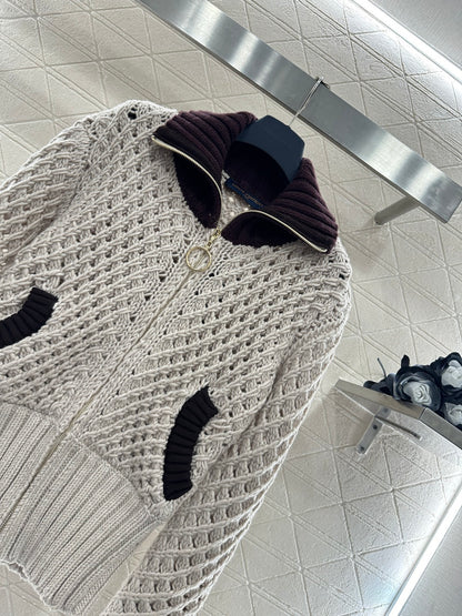 Openwork Collar Knit Zip-Up Cardigan