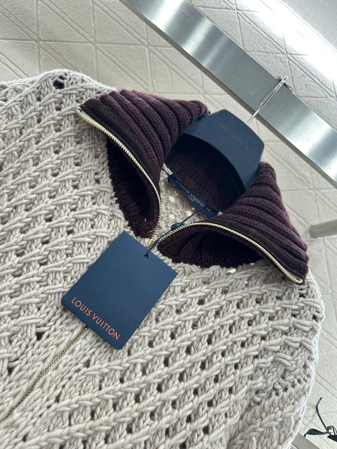 Openwork Collar Knit Zip-Up Cardigan