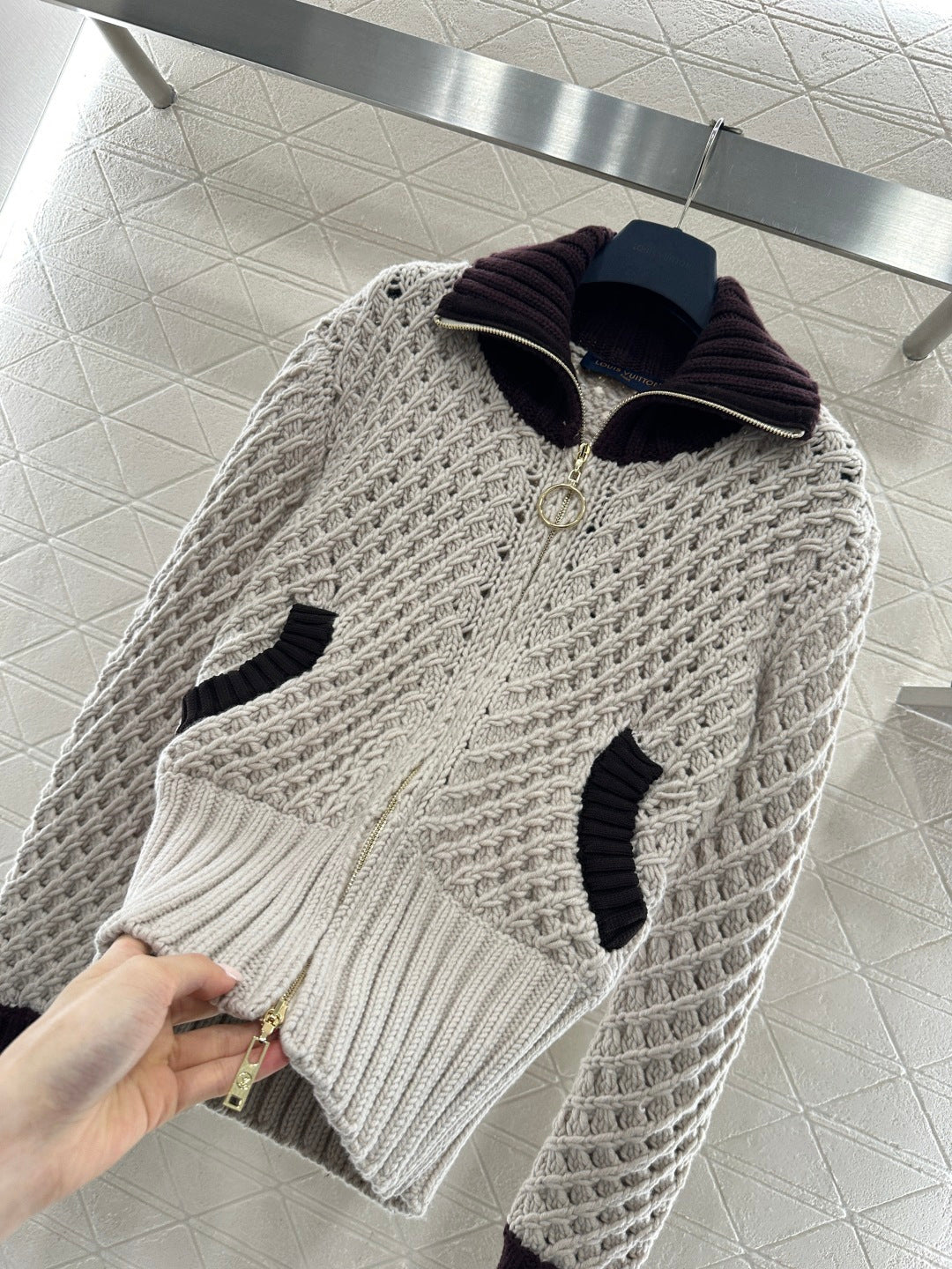 Openwork Collar Knit Zip-Up Cardigan