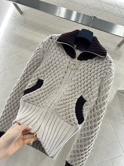 Openwork Collar Knit Zip-Up Cardigan