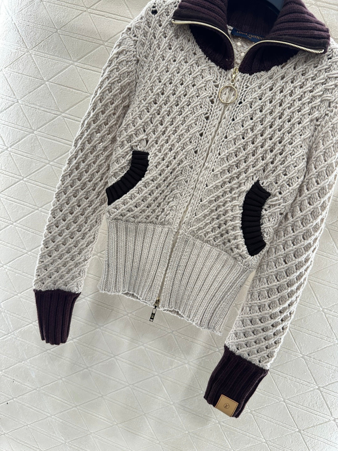 Openwork Collar Knit Zip-Up Cardigan