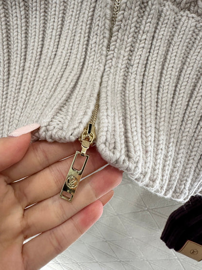 Openwork Collar Knit Zip-Up Cardigan