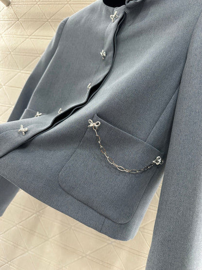 Color-blocked Stand-up Collar Jacket/Pleated Skirt