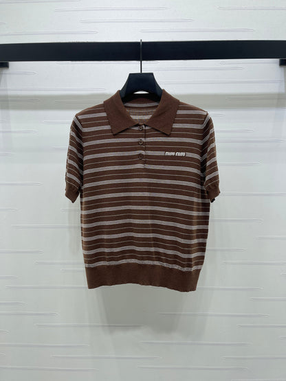 Striped Collared Knit Short-Sleeve T-Shirt