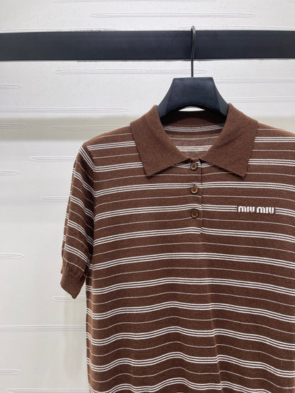 Striped Collared Knit Short-Sleeve T-Shirt