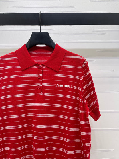 Striped Collared Knit Short-Sleeve T-Shirt