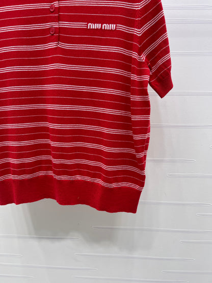 Striped Collared Knit Short-Sleeve T-Shirt