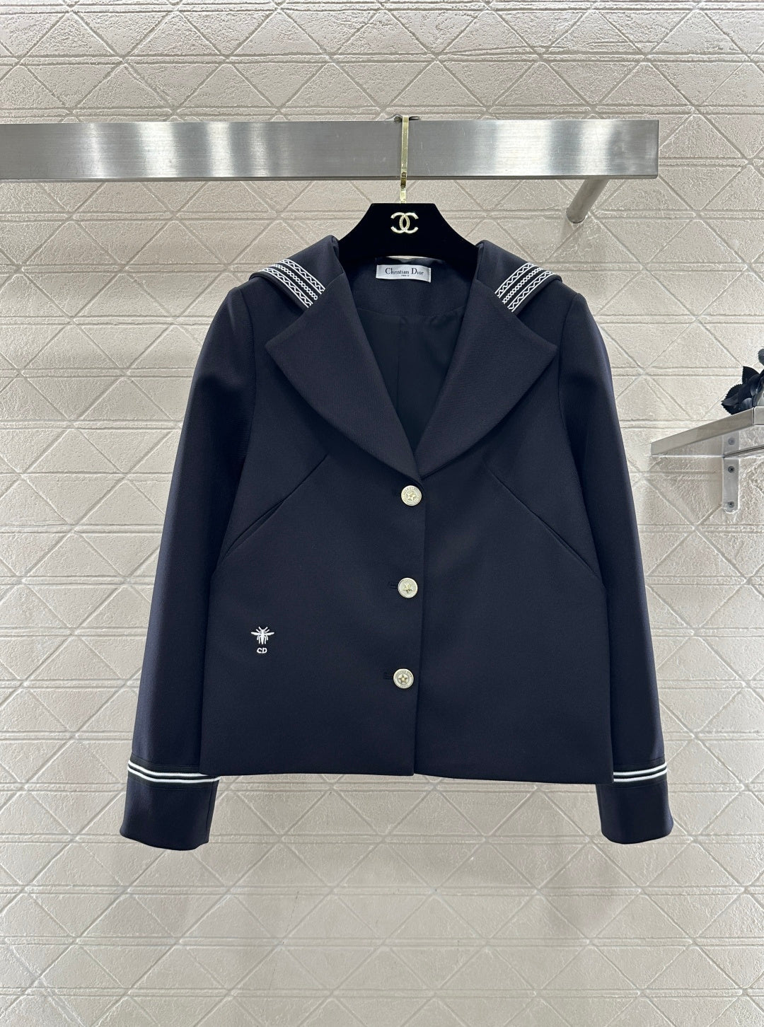 Navy Collar Jacket and Skirt Set