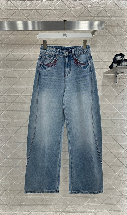 Embroidered Denim Curved Blade Pants