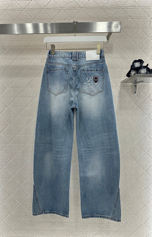 Embroidered Denim Curved Blade Pants