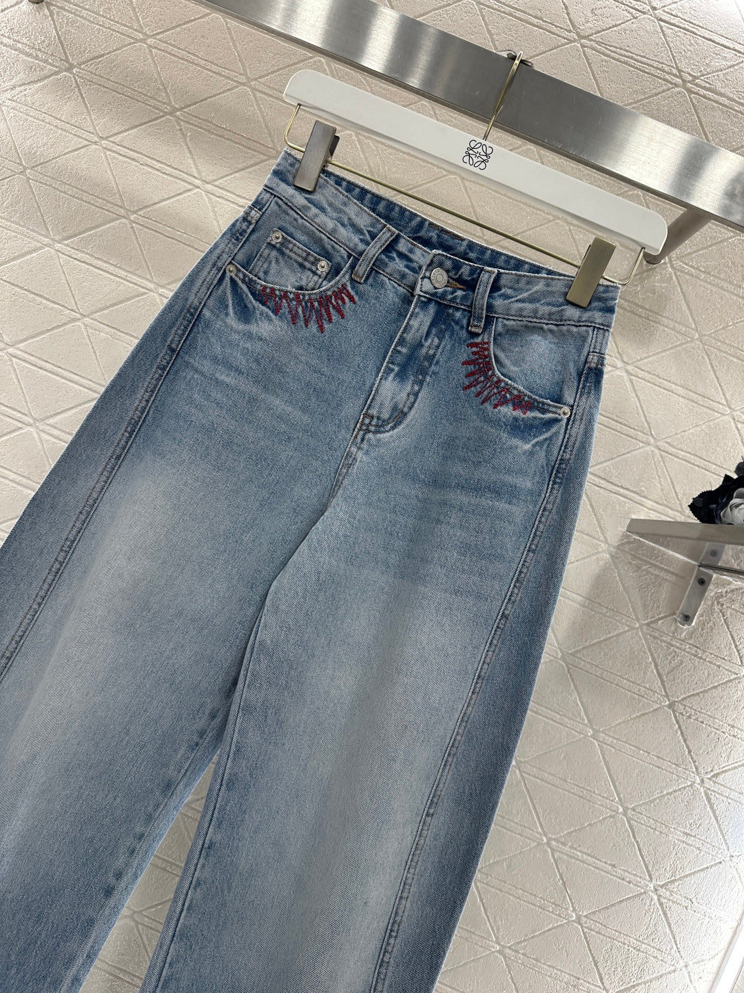 Embroidered Denim Curved Blade Pants