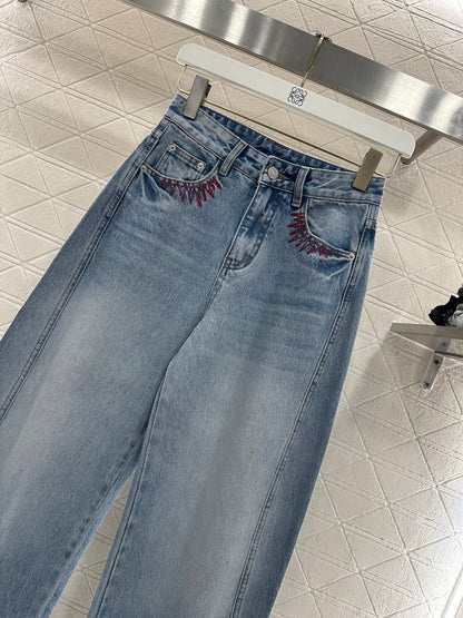 Embroidered Denim Curved Blade Pants