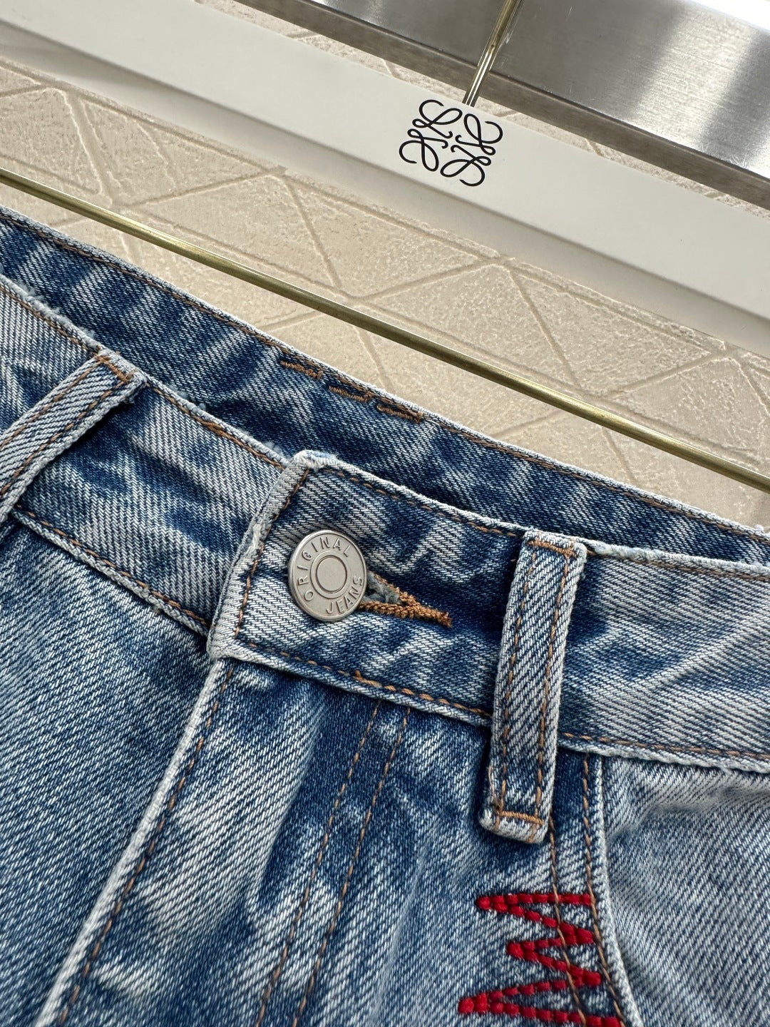Embroidered Denim Curved Blade Pants