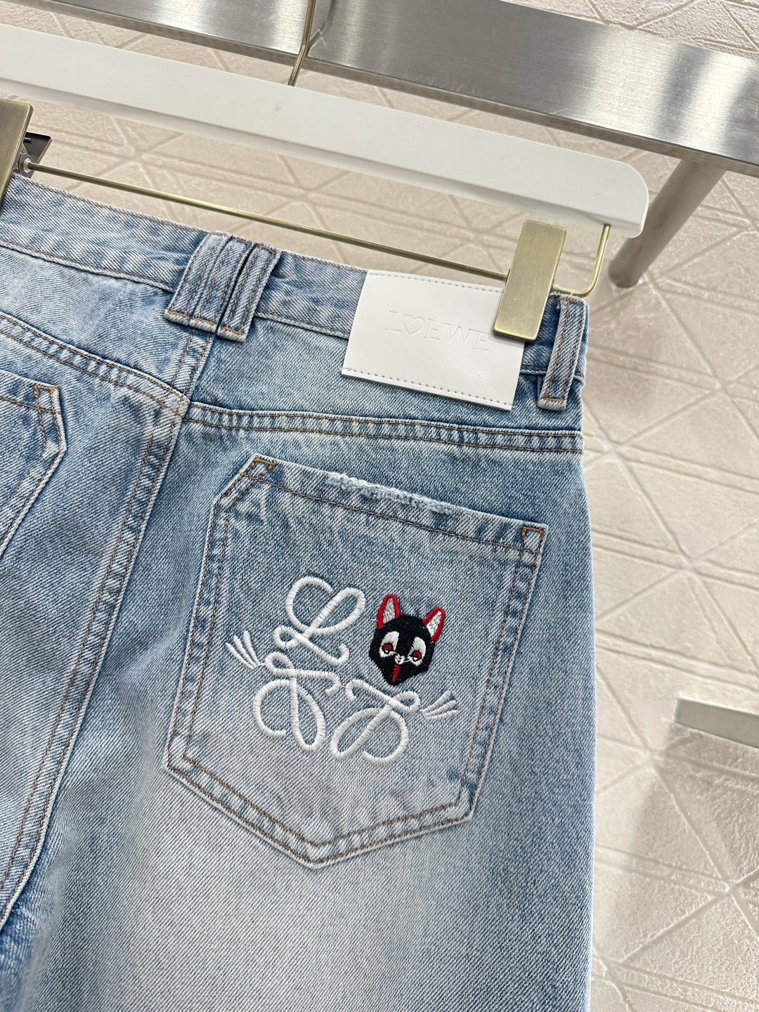 Embroidered Denim Curved Blade Pants