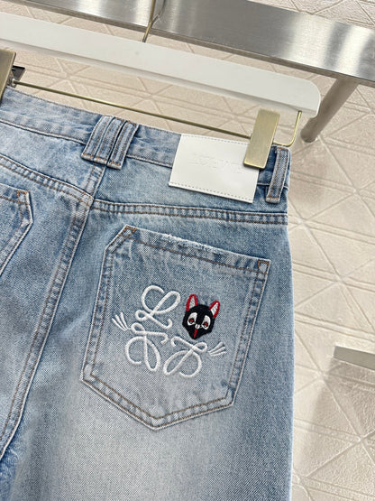 Embroidered Denim Curved Blade Pants