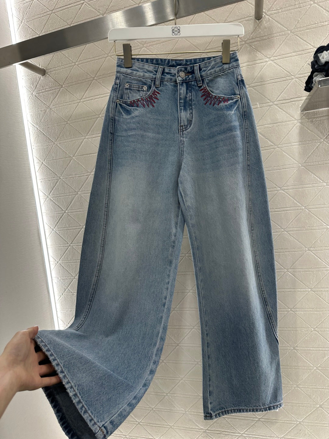 Embroidered Denim Curved Blade Pants