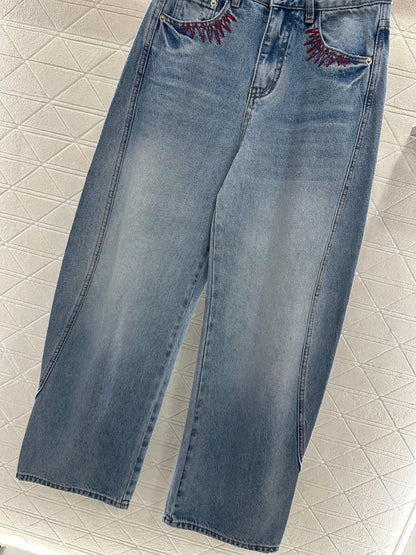 Embroidered Denim Curved Blade Pants