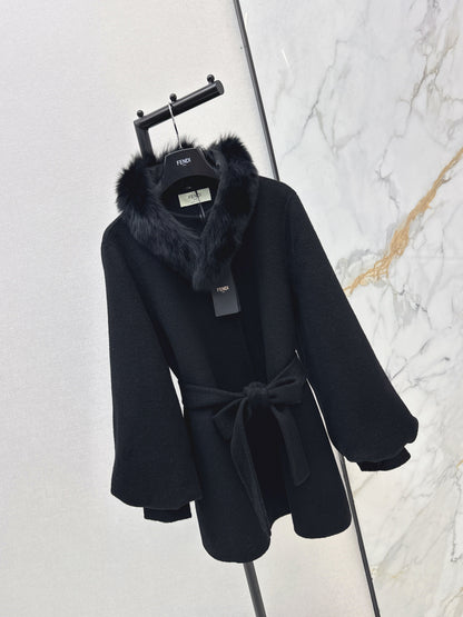 Mid-length coat with fox fur trim