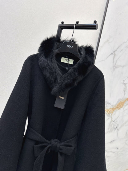 Mid-length coat with fox fur trim