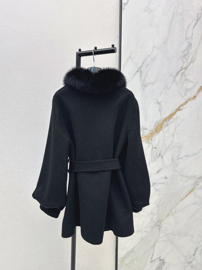 Mid-length coat with fox fur trim