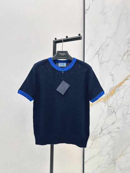Color-blocked cashmere short-sleeved top