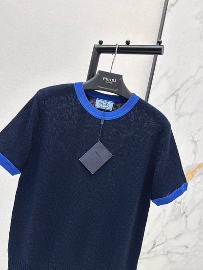 Color-blocked cashmere short-sleeved top