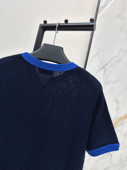 Color-blocked cashmere short-sleeved top