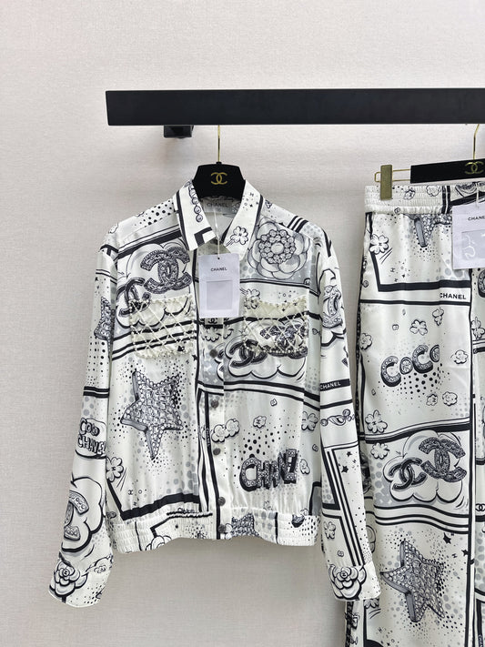 Cartoon Pattern Collared Shirt/Straight-Leg Pants