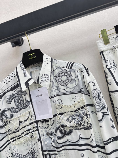 Cartoon Pattern Collared Shirt/Straight-Leg Pants