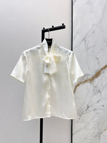 Tie-front twill silk shirt