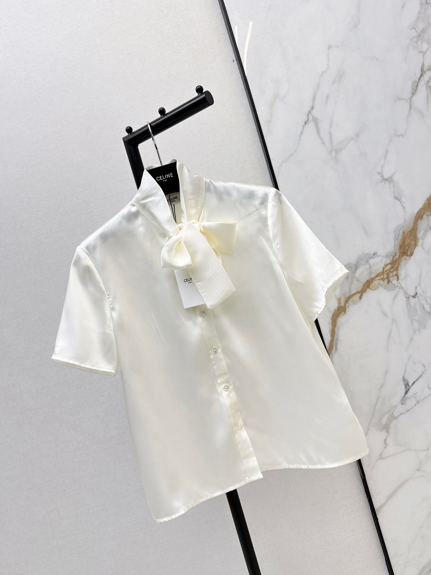 Tie-front twill silk shirt