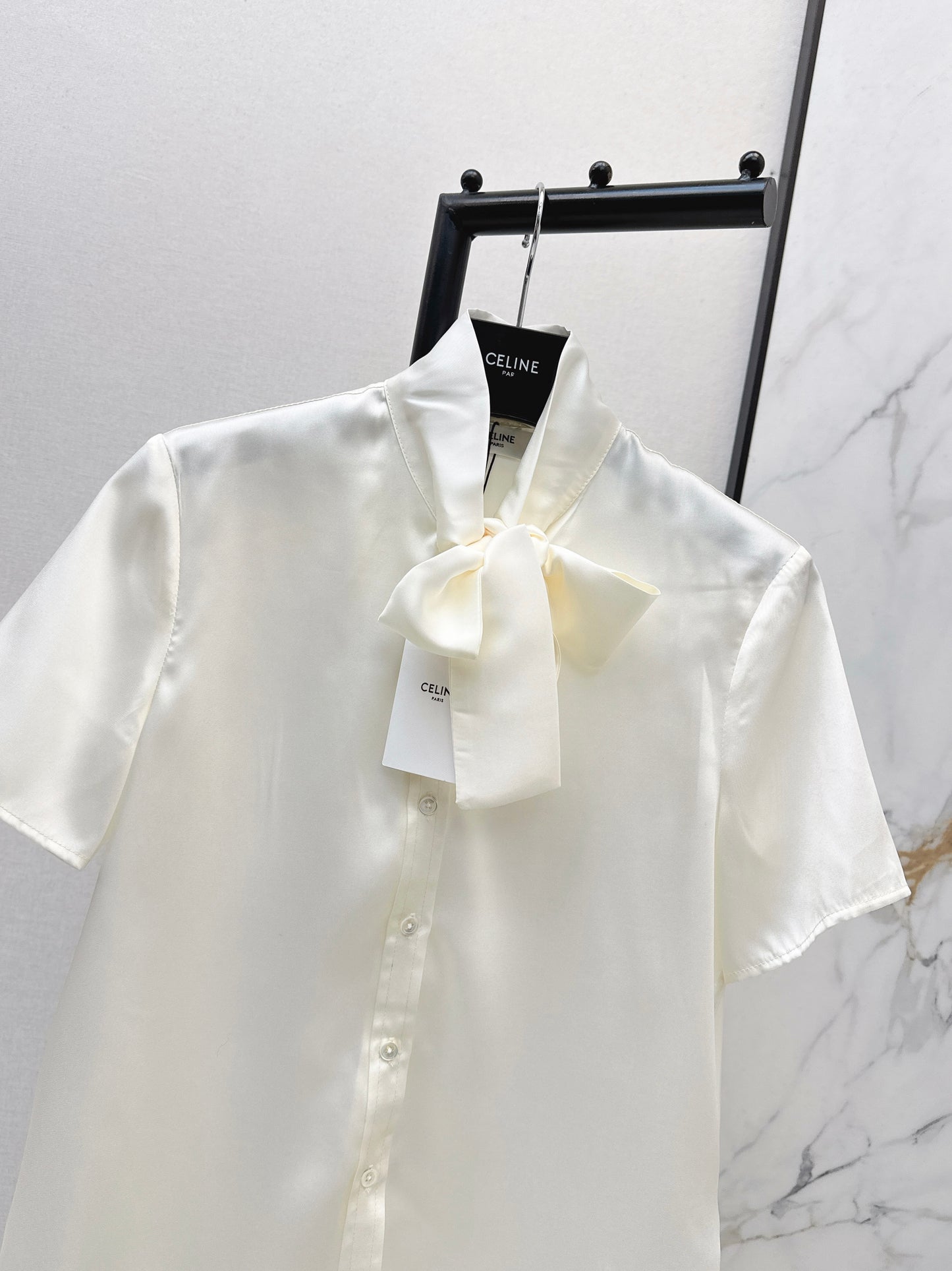 Tie-front twill silk shirt