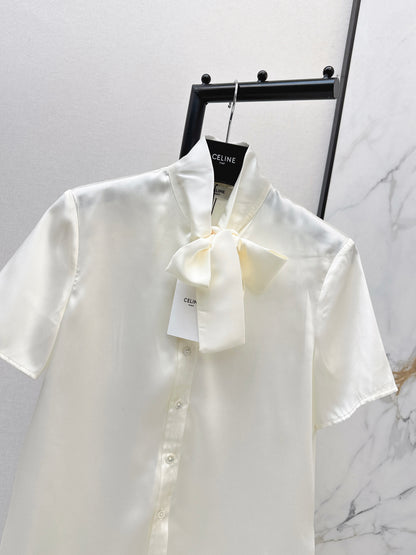 Tie-front twill silk shirt