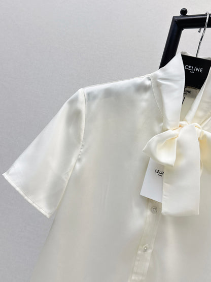 Tie-front twill silk shirt
