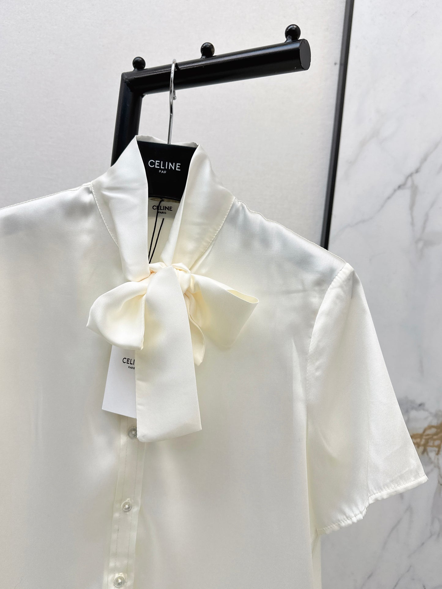 Tie-front twill silk shirt