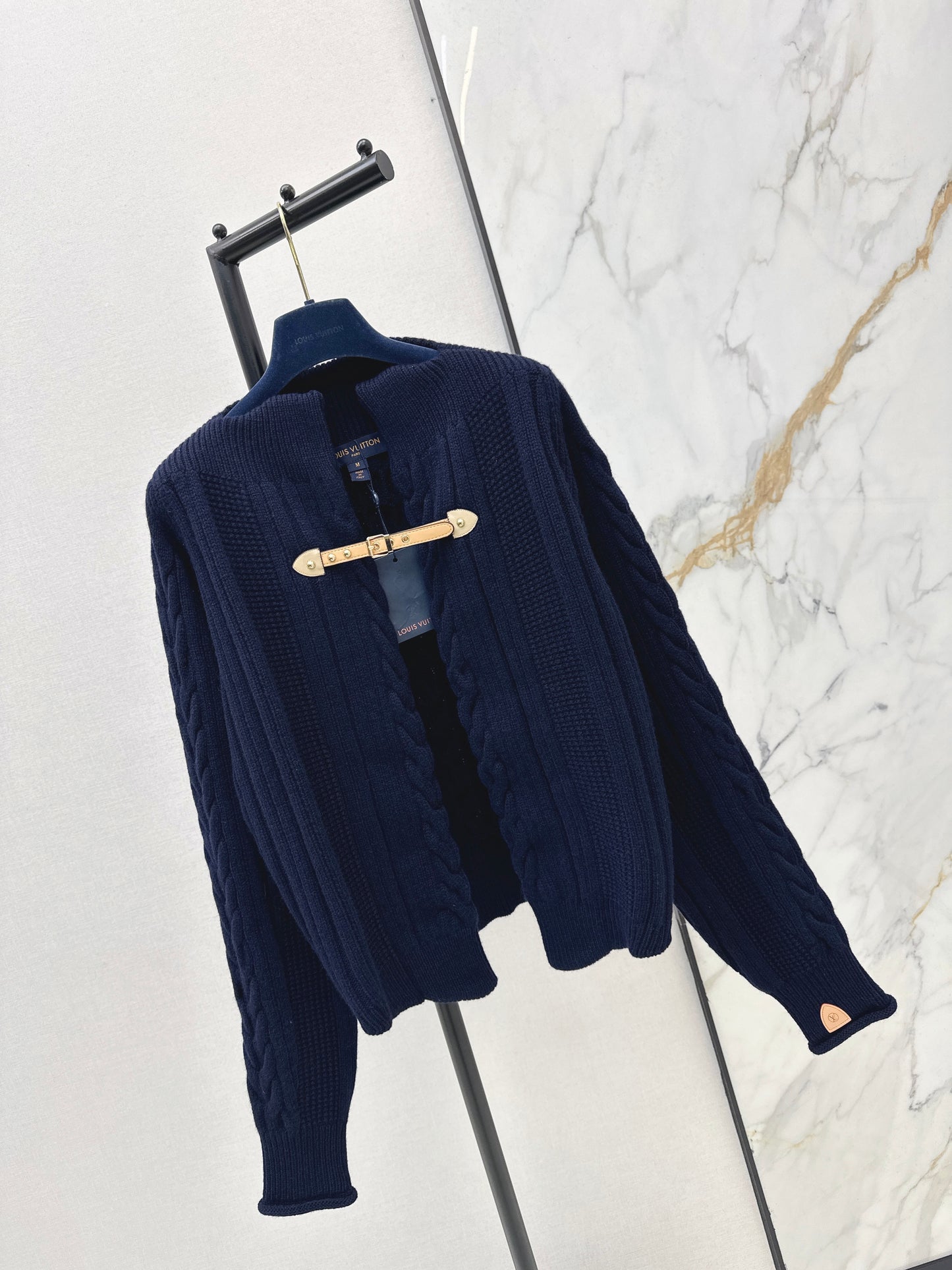 Leather Button-Up Wool Knit Cardigan