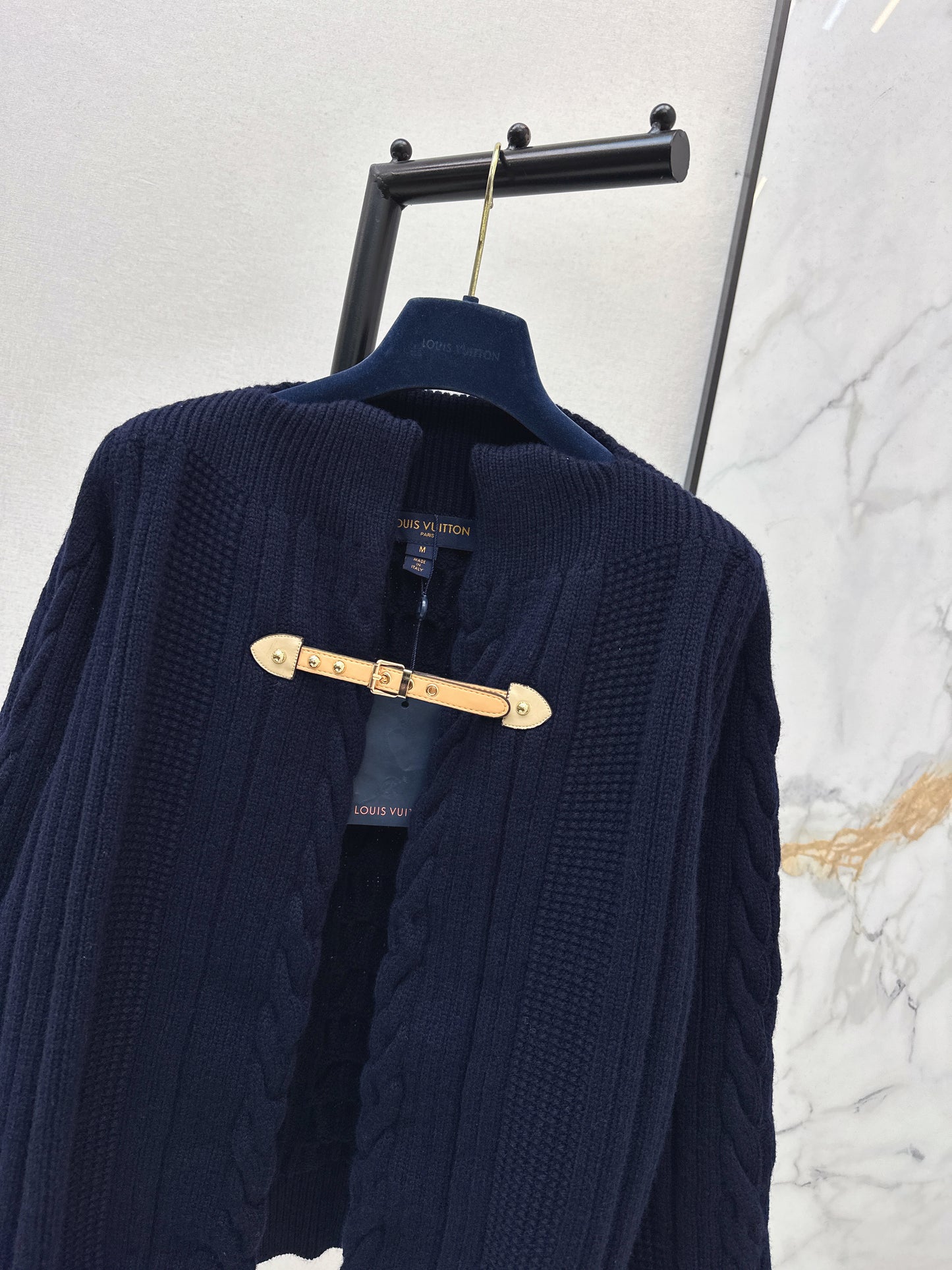 Leather Button-Up Wool Knit Cardigan