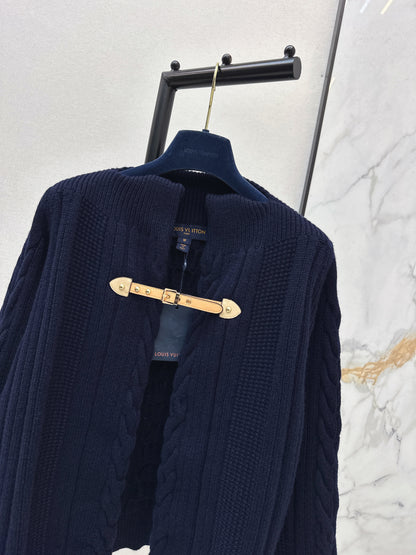 Leather Button-Up Wool Knit Cardigan