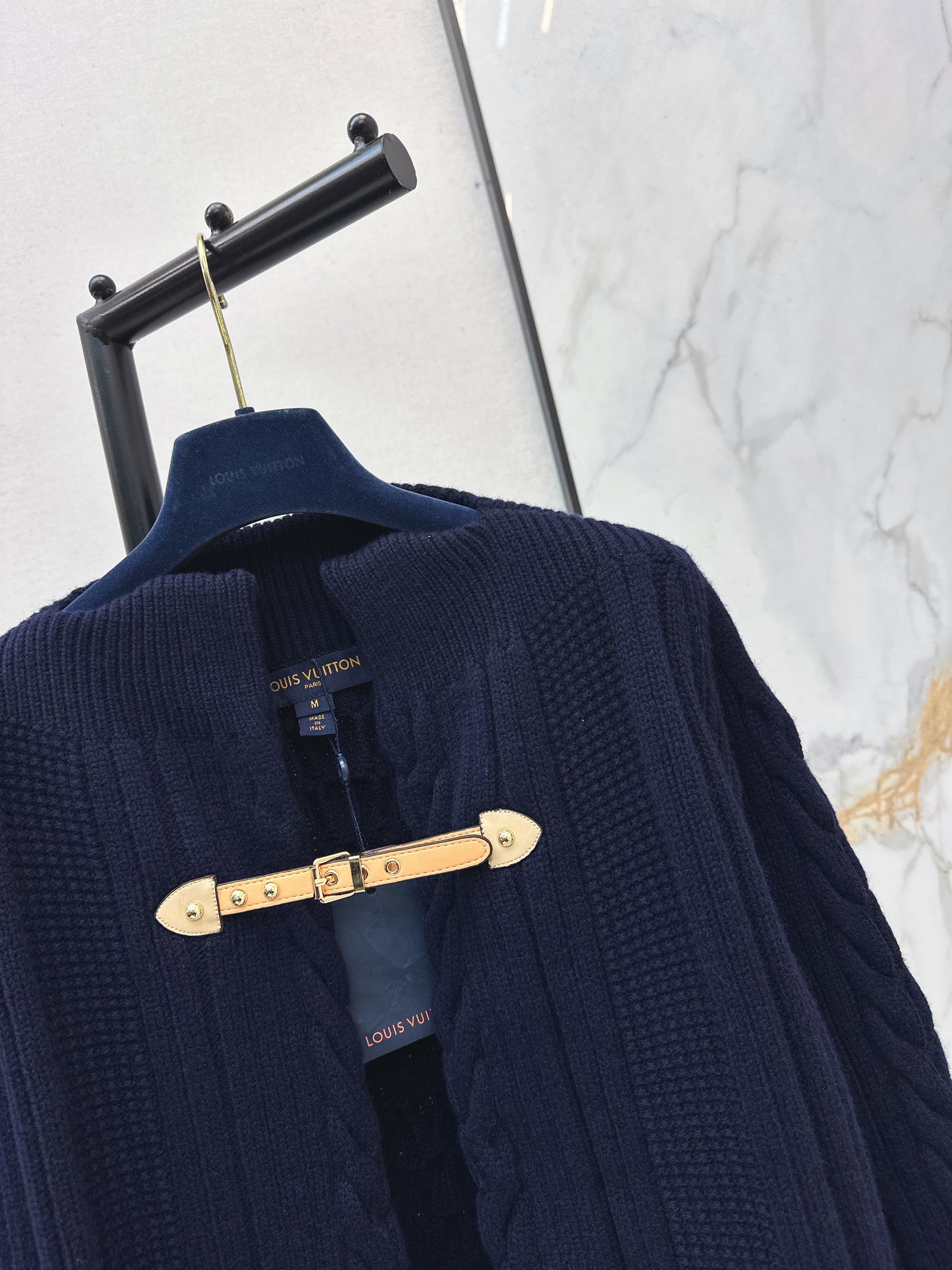 Leather Button-Up Wool Knit Cardigan