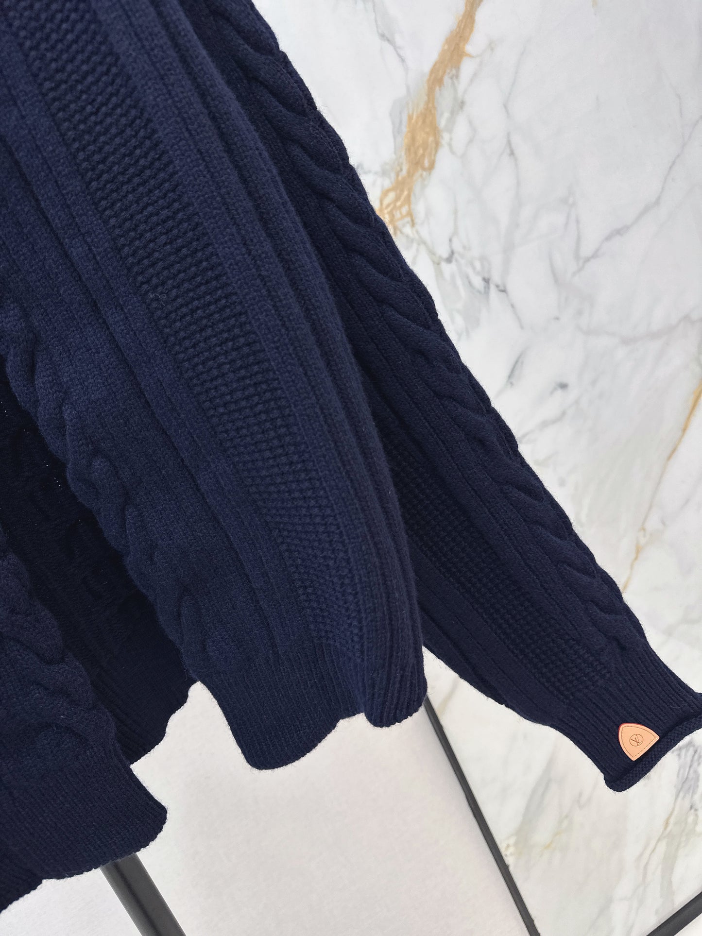 Leather Button-Up Wool Knit Cardigan