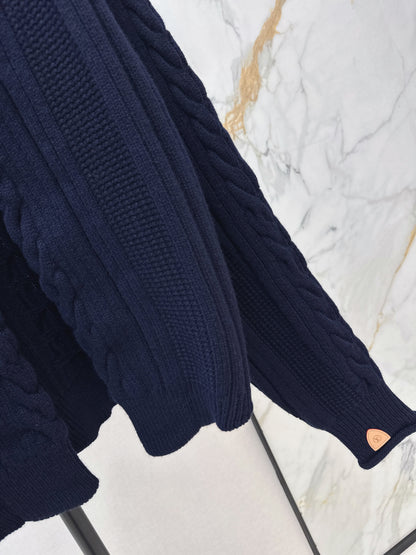 Leather Button-Up Wool Knit Cardigan